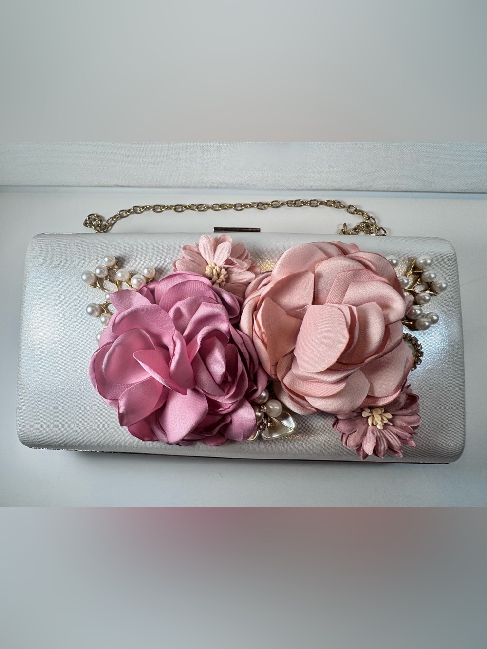 Pearly white with Pink Floral Satin Clutch Bag with removable 2 Chain Straps